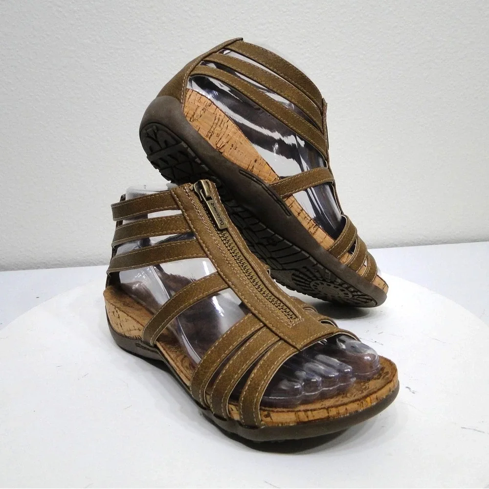Bearpaw Womens Strappy Gladiator Cork Wedge Sandals Brown Front Zip 02996-00 6W